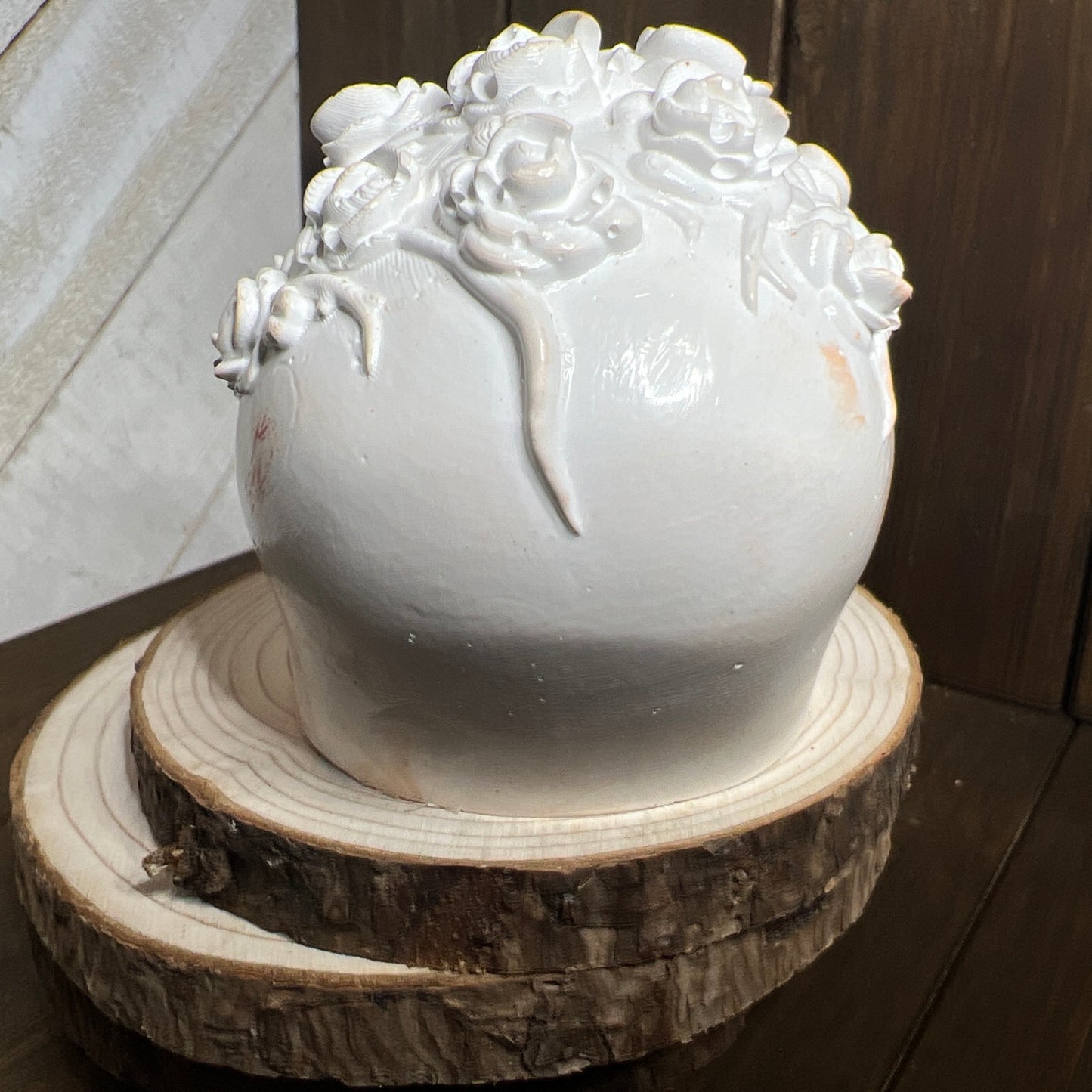Ceramic Resin Skull Sculpture with Floral Crown – Gothic Décor OOAK