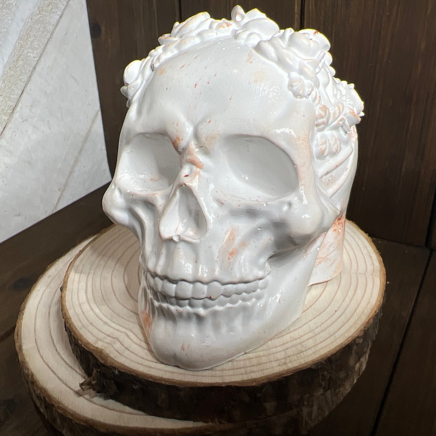Ceramic Resin Skull Sculpture with Floral Crown – Gothic Décor OOAK