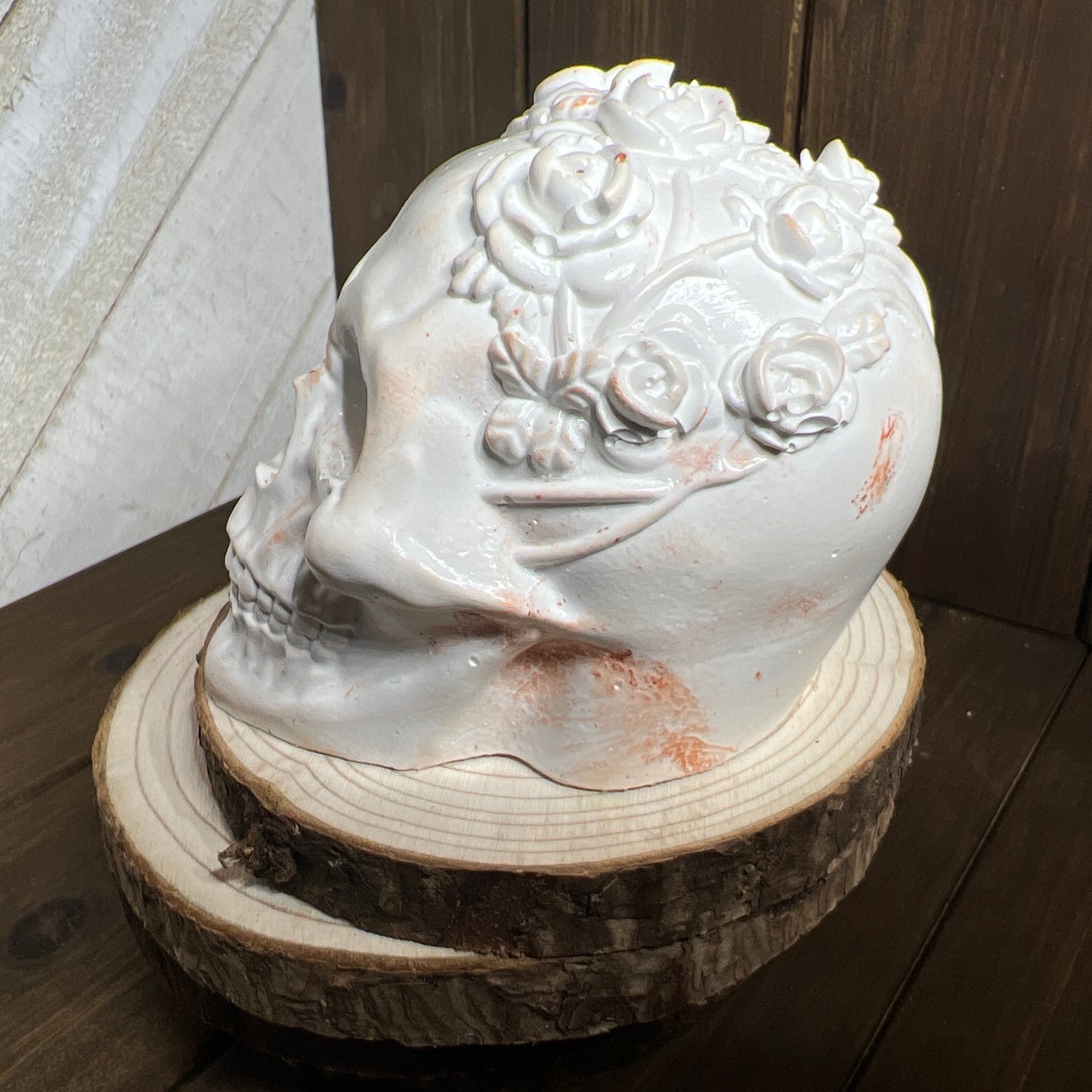 Ceramic Resin Skull Sculpture with Floral Crown – Gothic Décor OOAK