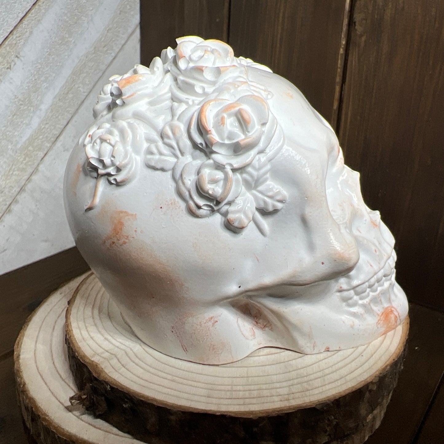 Ceramic Resin Skull Sculpture with Floral Crown – Gothic Décor OOAK