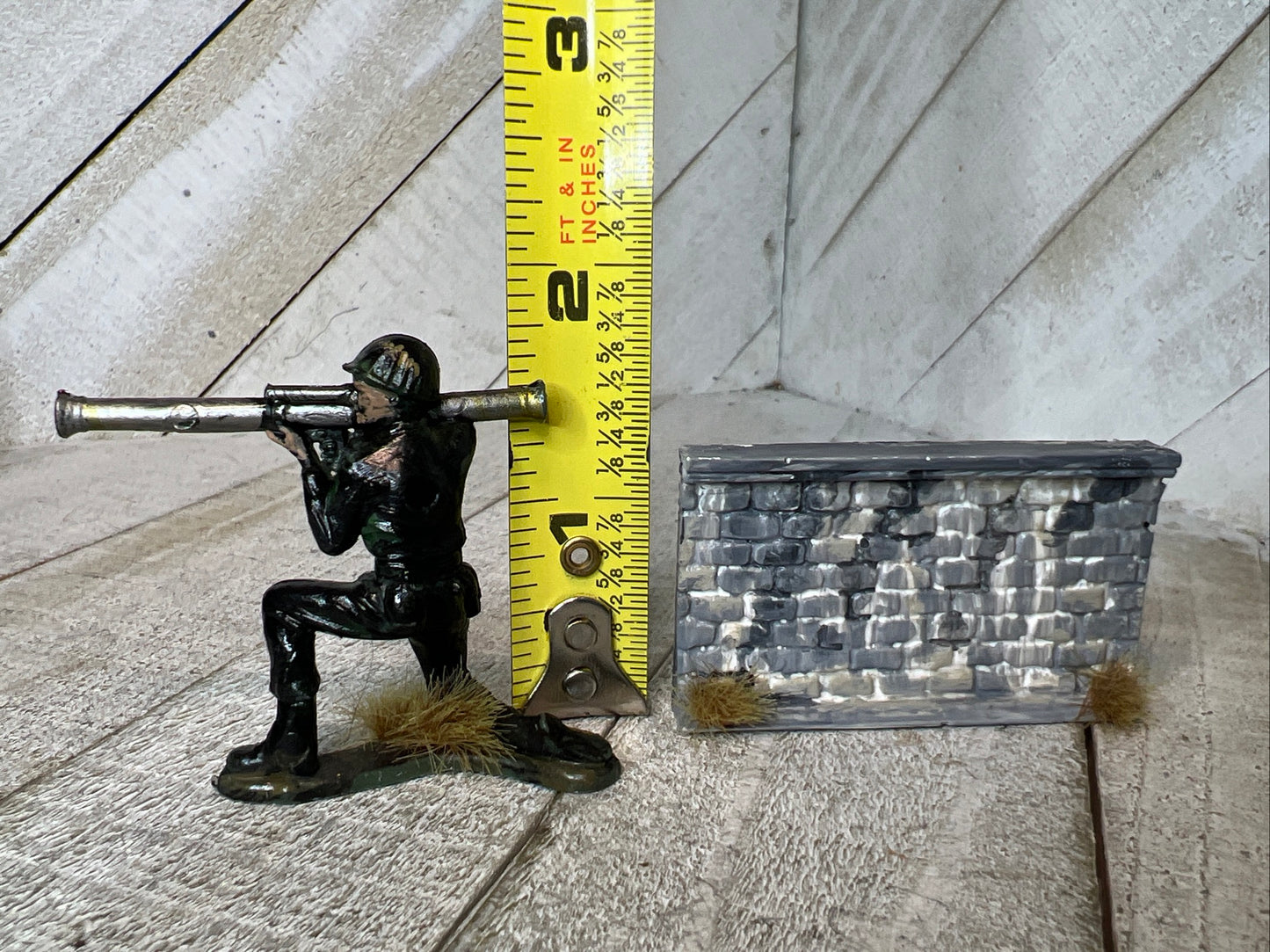 Custom Painted Army Man with Bazooka & Ceramic Resin Battle Wall Diorama