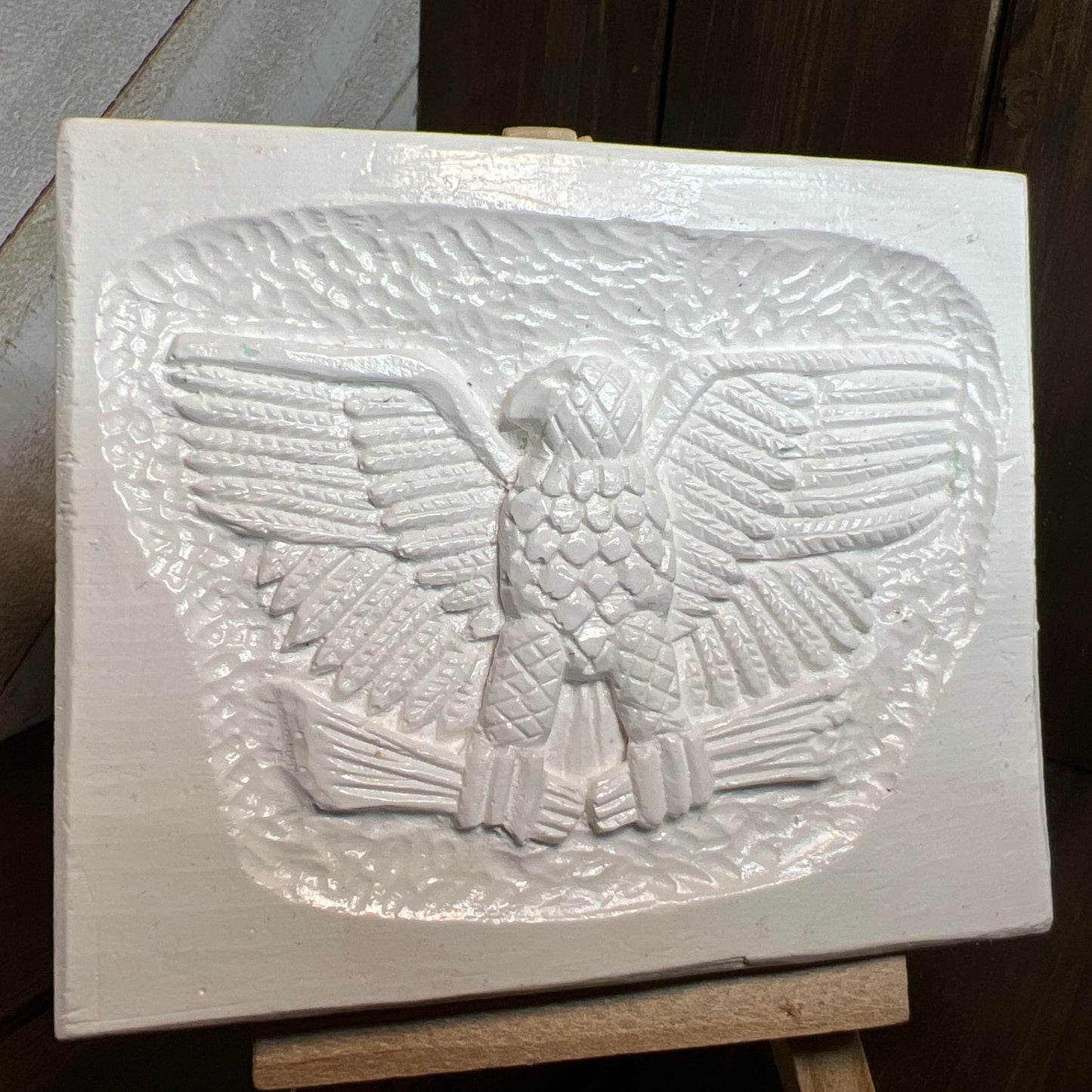 Gothic Ceramic Resin Eagle Relief Plaque on Easel Handmade Irregular Décor OOAK