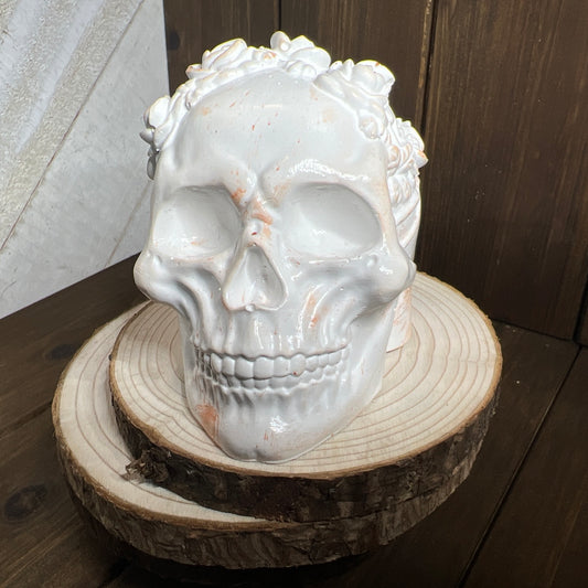 Ceramic Resin Skull Sculpture with Floral Crown – Gothic Décor OOAK