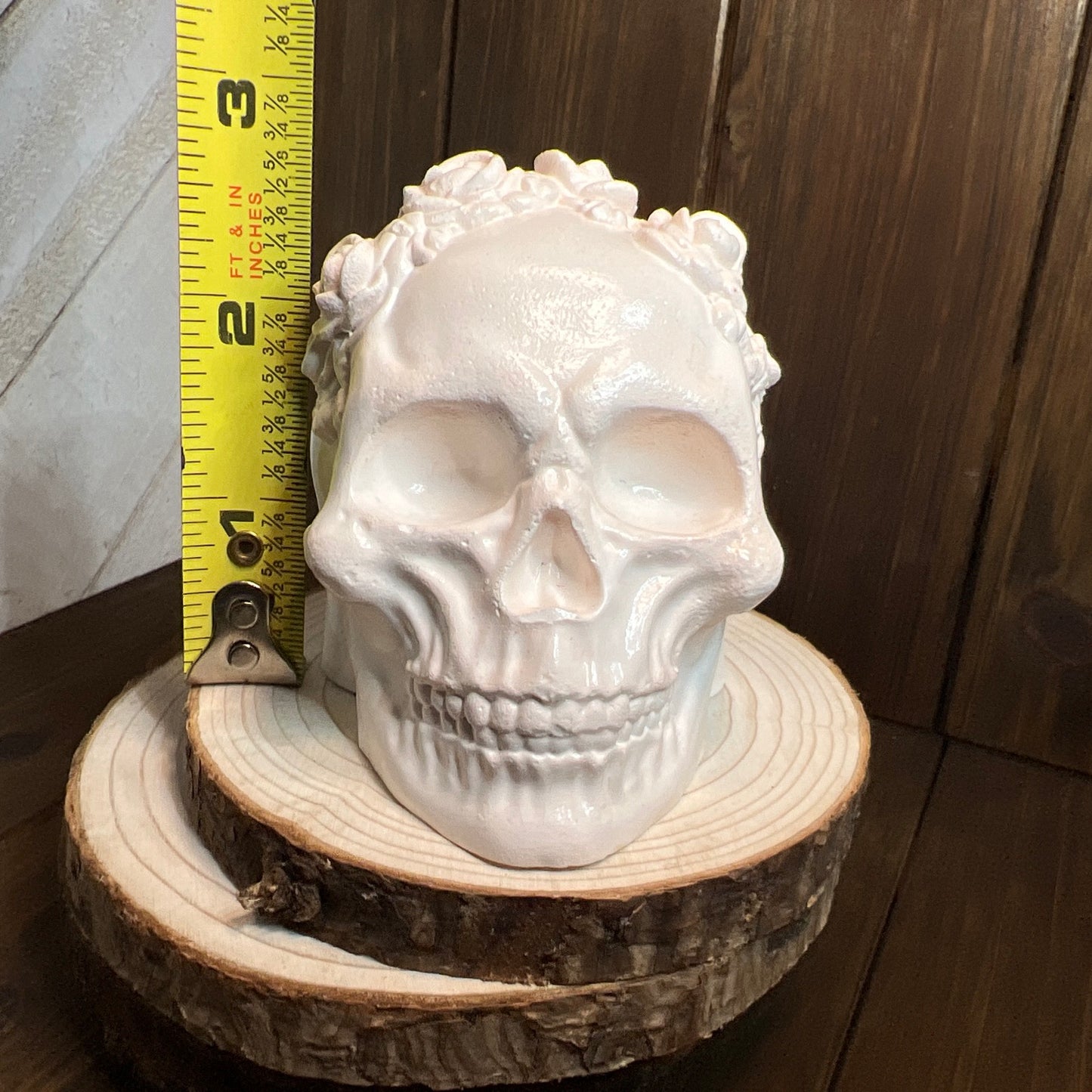 Ceramic Resin Skull Sculpture with Floral Crown – Gothic Décor OOAK