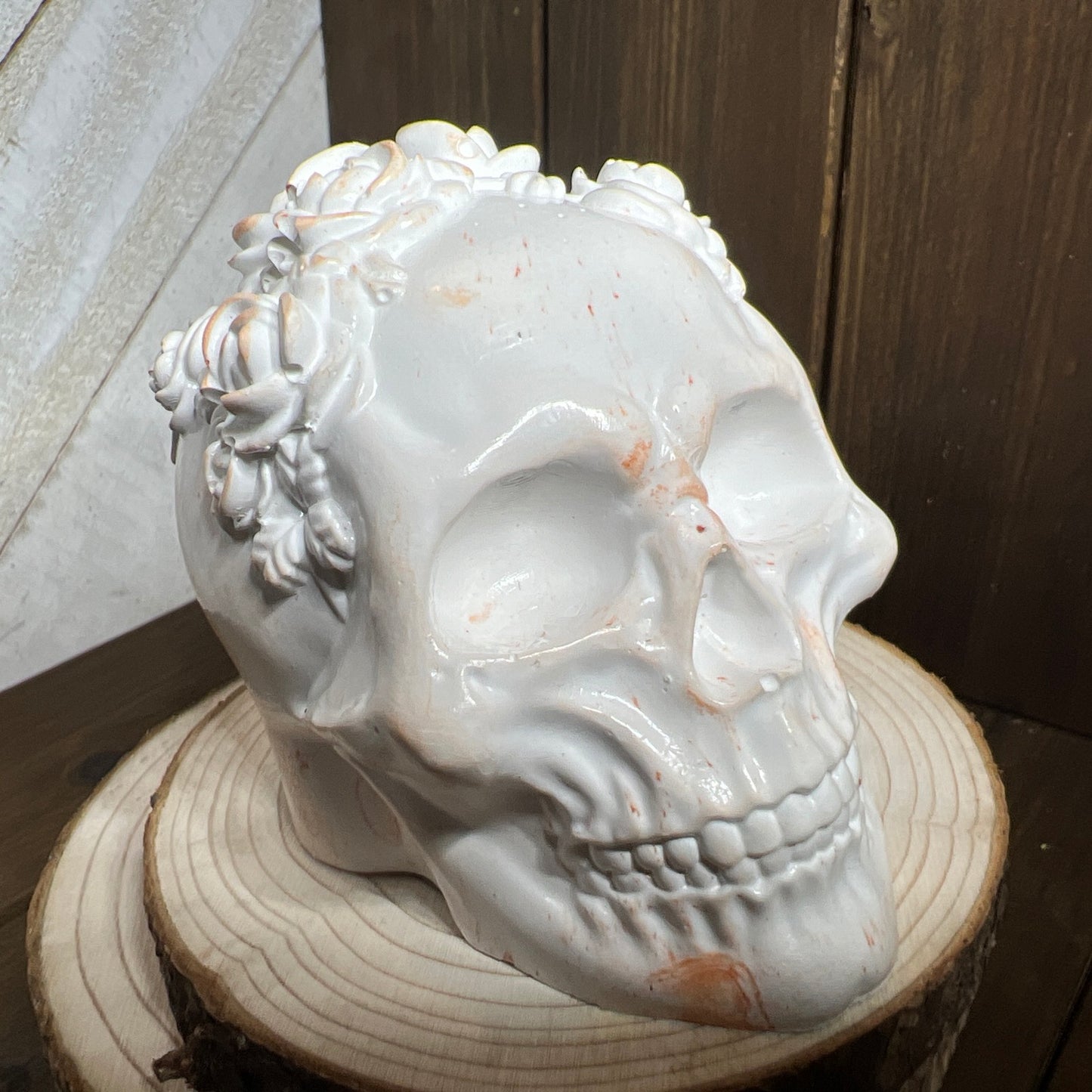 Ceramic Resin Skull Sculpture with Floral Crown – Gothic Décor OOAK