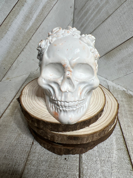 Ceramic Resin Skull Sculpture with Floral Crown – Gothic Décor OOAK