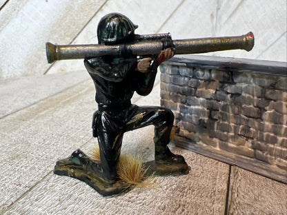 Custom Painted Army Man with Bazooka & Ceramic Resin Battle Wall Diorama
